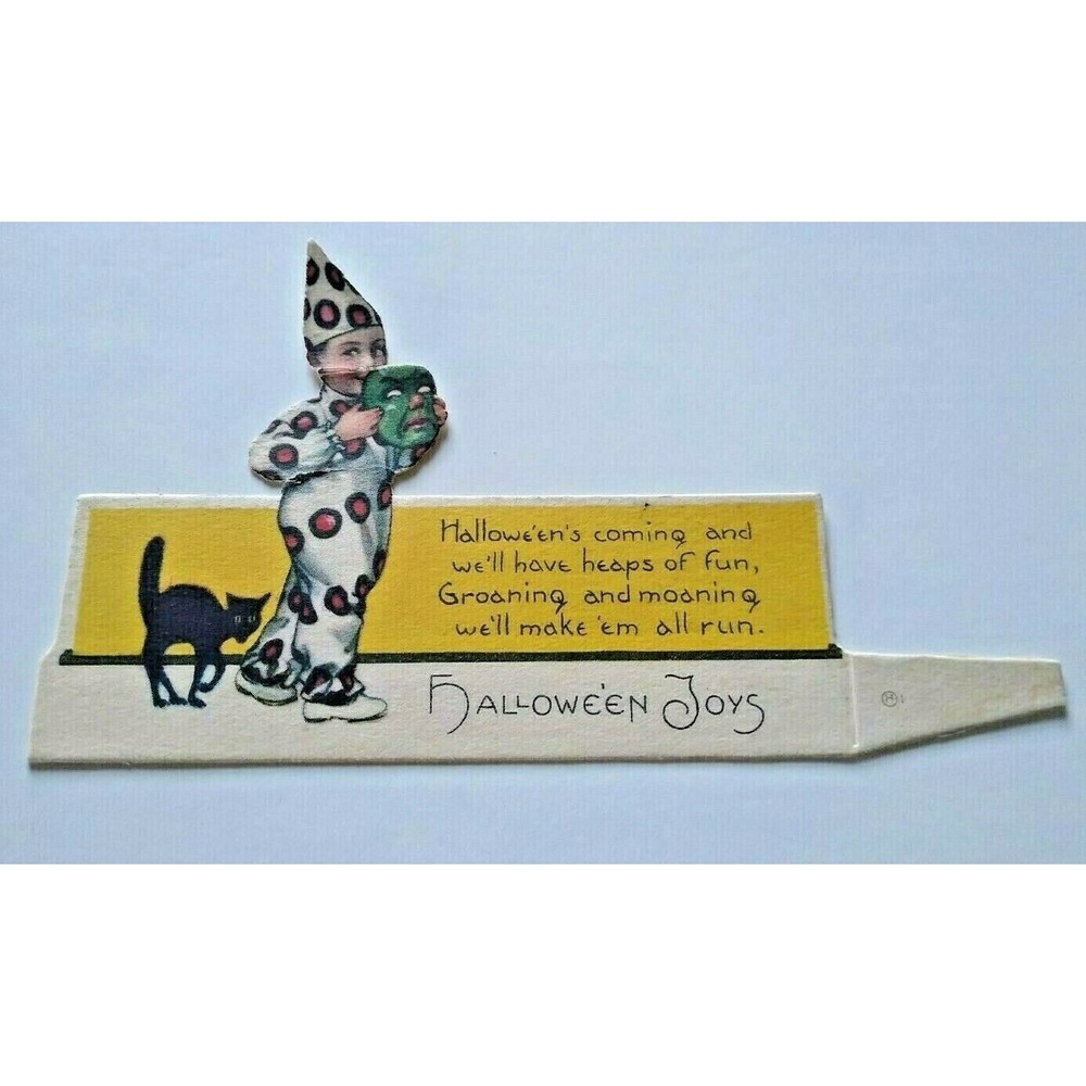 Halloween Diecut Place Card Clown Boy Nash Weird Green Face Black Cat Vintage